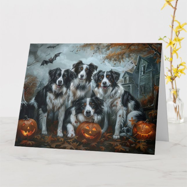 Carte Bordure Collie Halloween nuit Chien ravir (Fleur jaune)