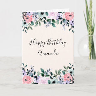 Carte Bordure florale aquarelle rose violet vert