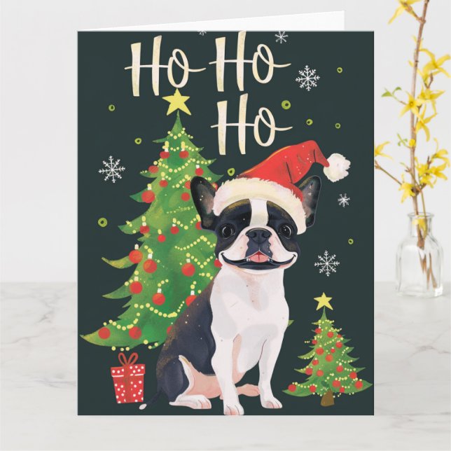 Carte Boston Terrier à Noël de neige (Fleur jaune)