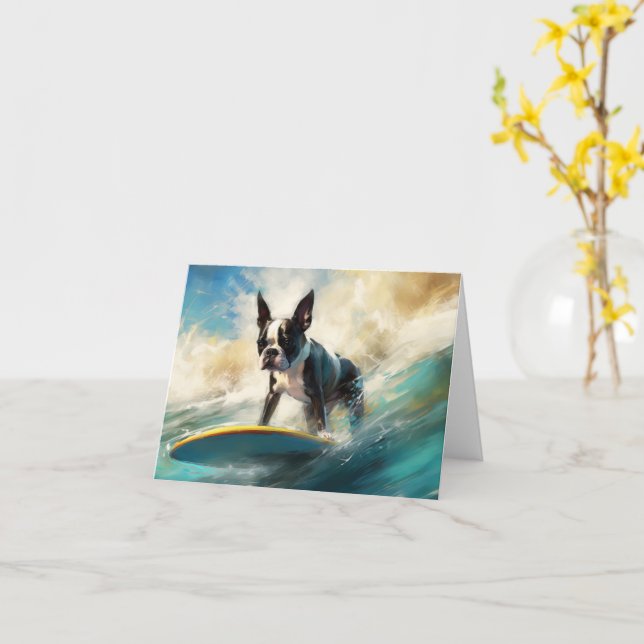 Carte Boston Terrier Beach Surfing Peinture (Fleur jaune)