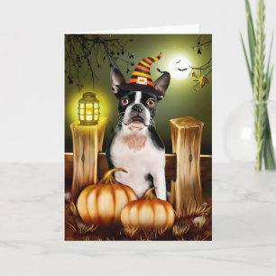 Carte Boston Terrier Chien avec sorcière Casquette Hallo