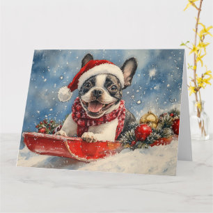 Carte Boston Terrier Dog in Sledge Let it Neige Noël