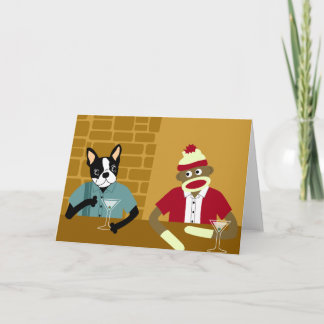 Carte Boston Terrier et singe de chaussette