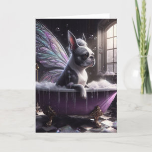 Carte Boston Terrier Fairy dans la baignoire violette