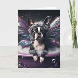 Carte Boston Terrier Fairy dans la baignoire violette