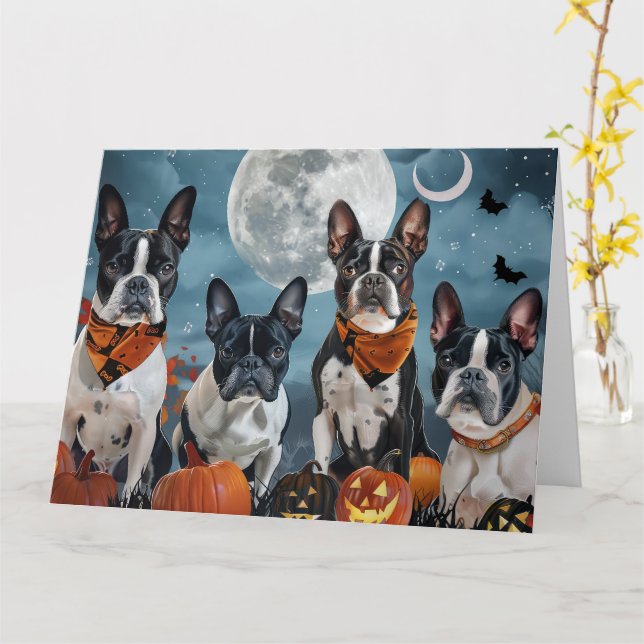 Carte boston terrier Halloween Éffrayant (Fleur jaune)