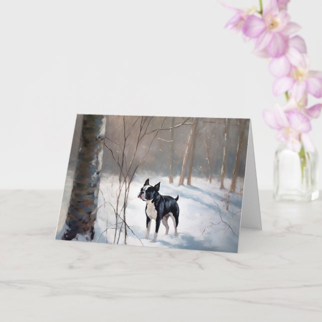 Carte Boston Terrier Laisser neiger Noël (Orchidée)