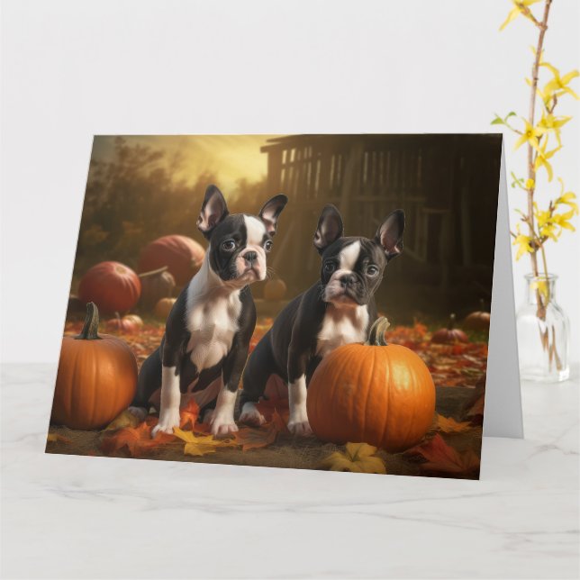 Carte Boston Terrier Puppy Automne Citrouille de plaisir (Fleur jaune)