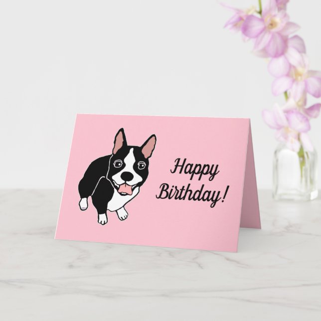 Carte Boston Terrier Rose Joyeux Anniversaire (Orchidée)