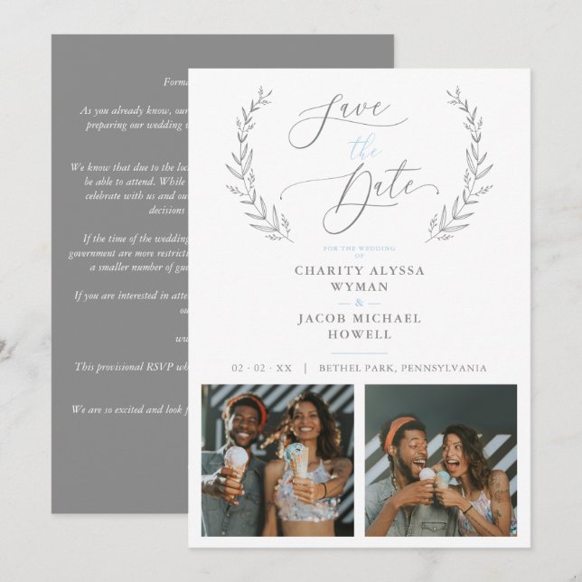 Carte Botanical Grey 2 Photos Sophisticated Wedding (Devant / Derrière)