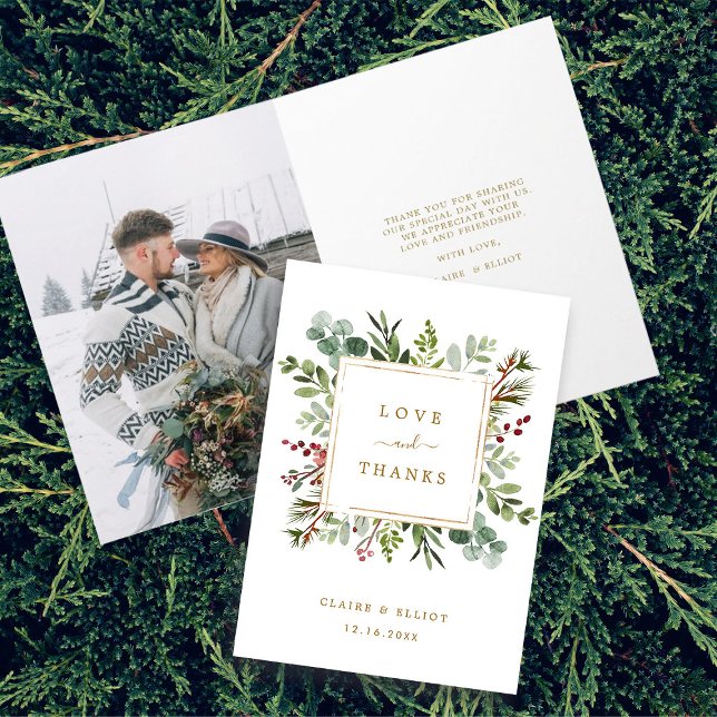 Carte Botanique Noël Mariage or Merci photo (Front & Inside)