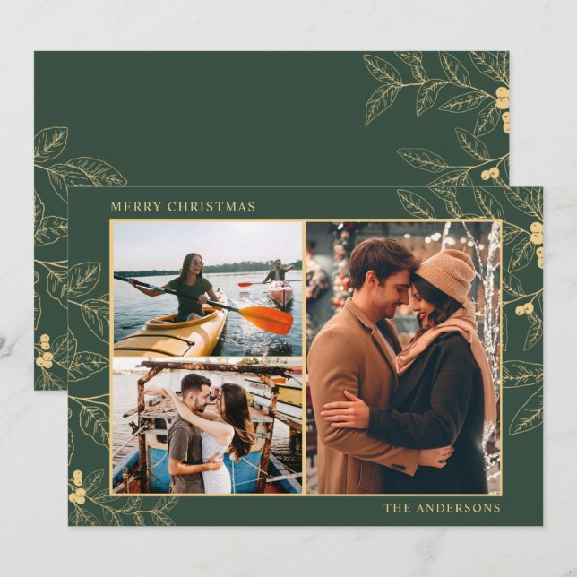 Carte Botanique Trois Photo Joyeux Couple de Noël (Devant / Derrière)