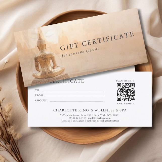 Carte Bouddha doré –  Certificat-cadeau QR Code Salon (Golden Buddha – Yoga Reiki Salon Massage Wellness & more Custom QR Code Gift Certificate)