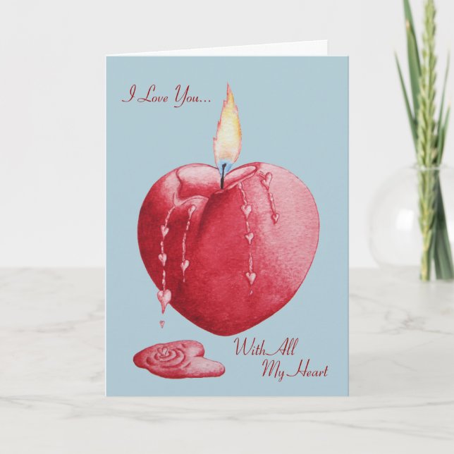 Carte Bougie brûlante en forme de coeur rouge avec verse (Devant)