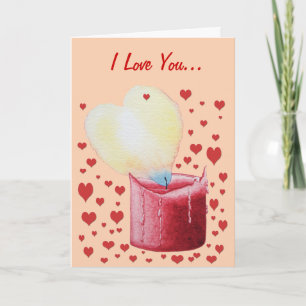 Carte bougie rouge en forme de coeur avec flamme romanti