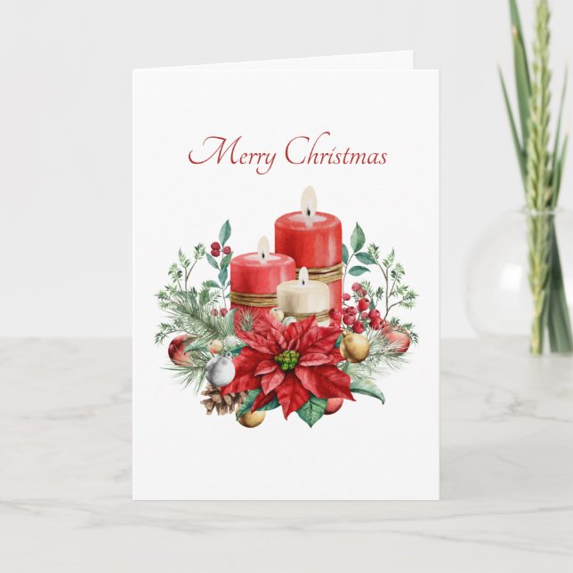 Carte Bougies d'aquarelle et bouquet floral Noël (Devant)