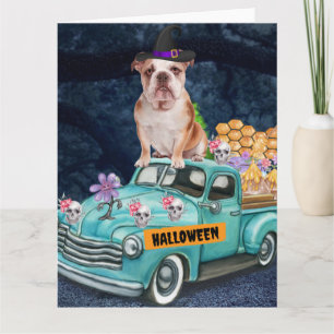 Carte Bouledogue anglais camion Halloween Nuit effrayant