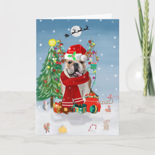Carte Bouledogue anglais dans la neige avec des cadeaux  (Devant)