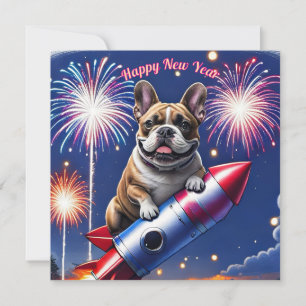 Carte Bouledogue français Nouvel An amusant fusée