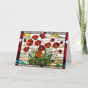 Carte Bouquet de fleurs de pavot rouge en verre coloré