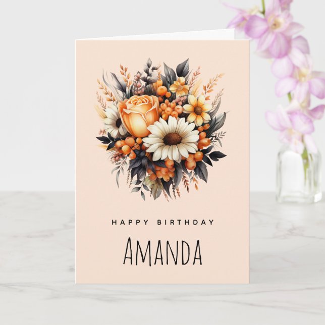 Carte Bouquet de fleurs gris jaune orange Anniversaire (Orchidée)