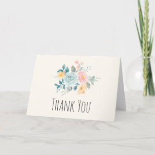Carte Bouquet de fleurs rose et bleu élégant Merci