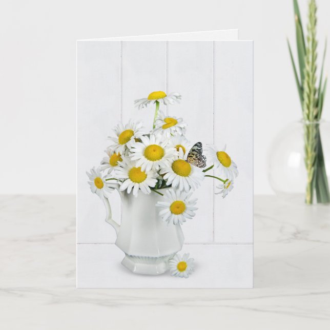 Carte Bouquet de marguerite avec papillon sur bois blanc (Devant)