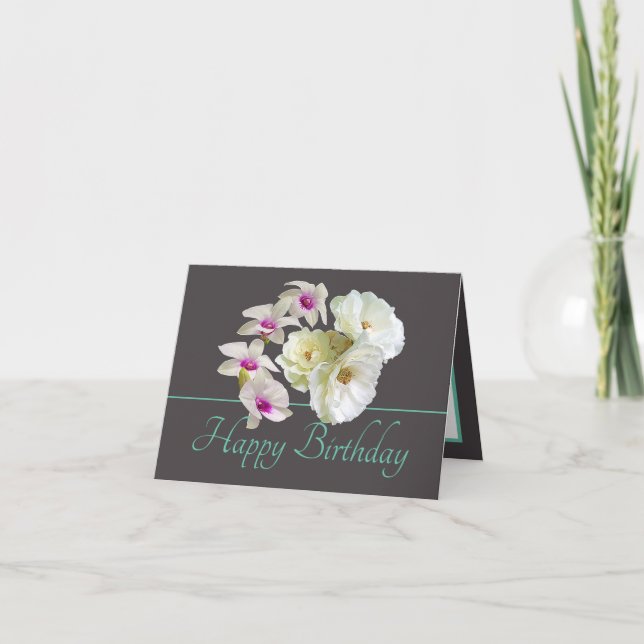 Carte Bouquet de menthe grise Roses blanches Orchidées A (Devant)