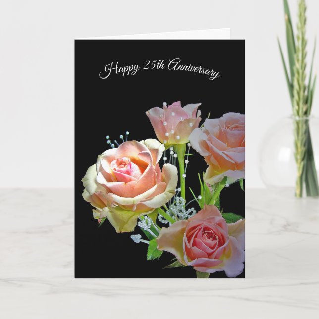 Carte Bouquet de rose du 25e anniversaire sur noir (Devant)