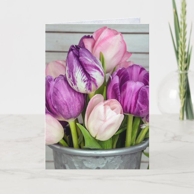 Carte bouquet de tulipes roses et violettes (Devant)