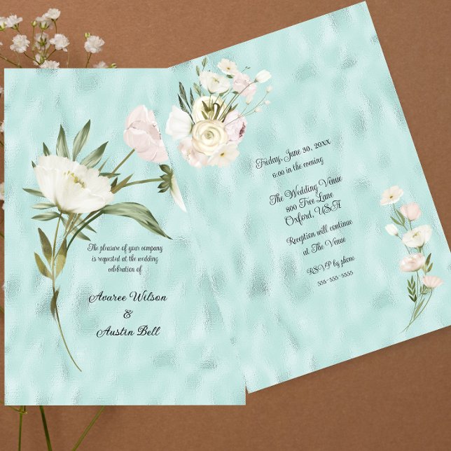 Carte Bouquet Floral Blanc Sur Turquoise Brillant (Créateur téléchargé)
