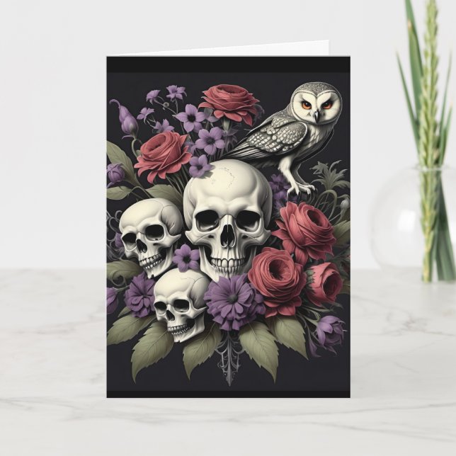 Carte Bouquet gothique avec trois crânes et un oiseau An (Devant)