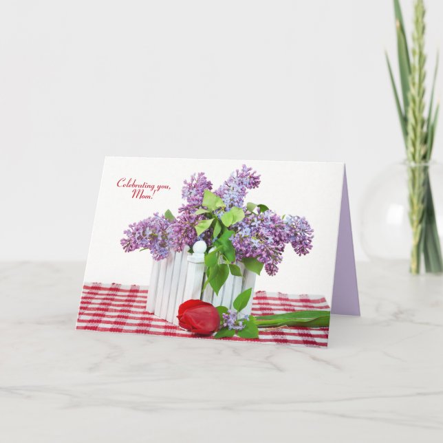 Carte bouquet lilas avec tulipe rouge pour maman (Devant)