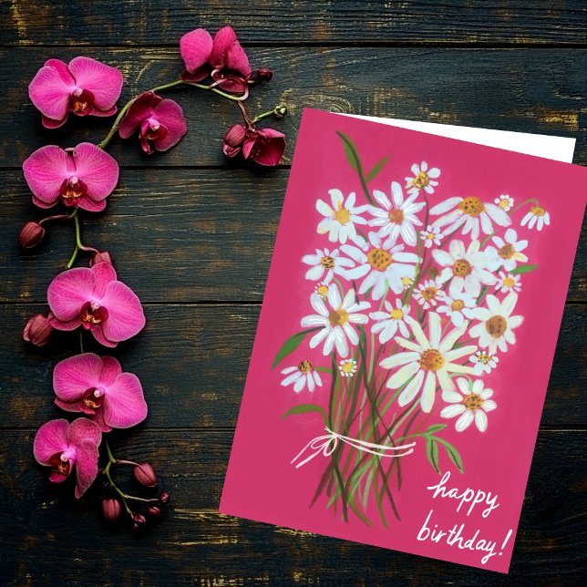 Carte Bouquet Rose Daisy Customisez-le ! JOYEUX ANNIVERS (Pink Daisy Bouquet Customize it! HAPPY BIRTHDAY Card
)