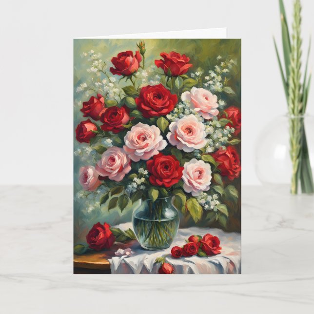 Carte Bouquet rose et rose rouge Valentine (Devant)