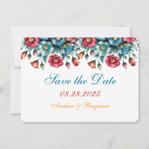 Carte Bouquet turquoise rouge orange or floral Enregistr
