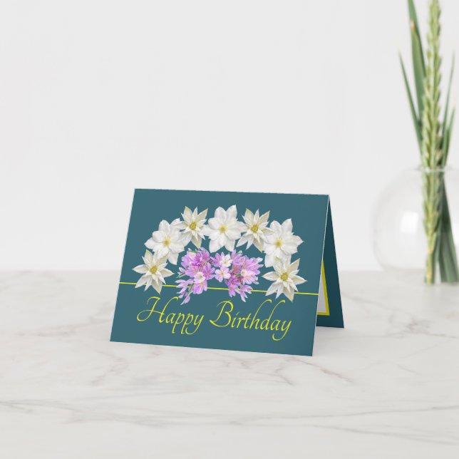 Carte Bouquet vert jaune blanc pourpre Joyeux anniversai (Devant)