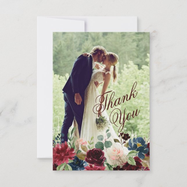 Carte Bourgogne et bleu Mariage Fleurs Anglaises Merci (Devant)