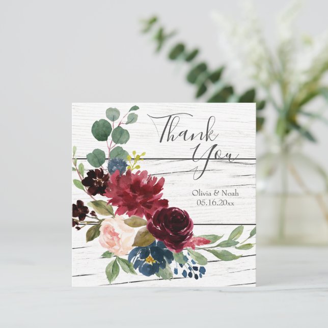 Carte Bourgogne Floral Elégant Rustique Aquarelle Merci (Debout devant)