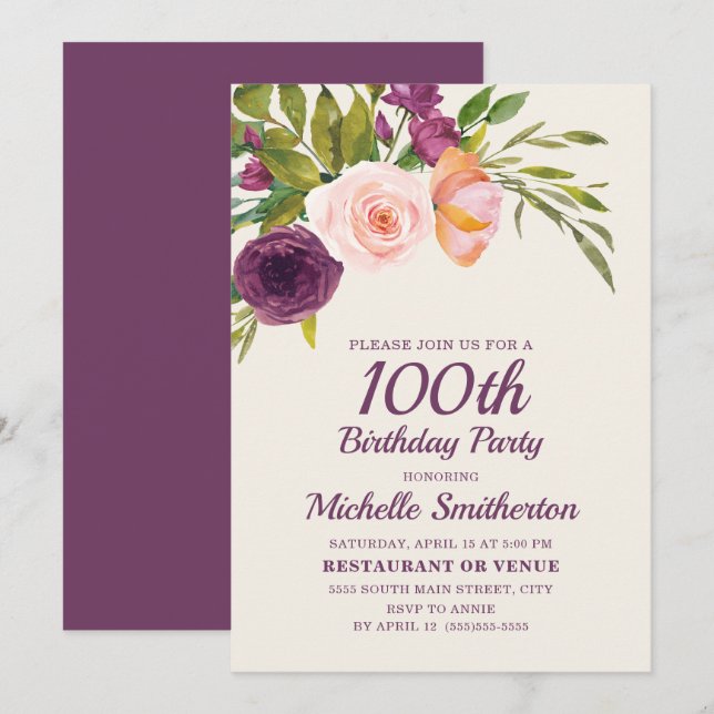 Carte Bourgogne violet bleu rose floral 100e anniversair (Devant / Derrière)