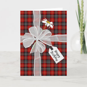 Carte Bow d'anniversaire avec marguerite sur Tartan Plai