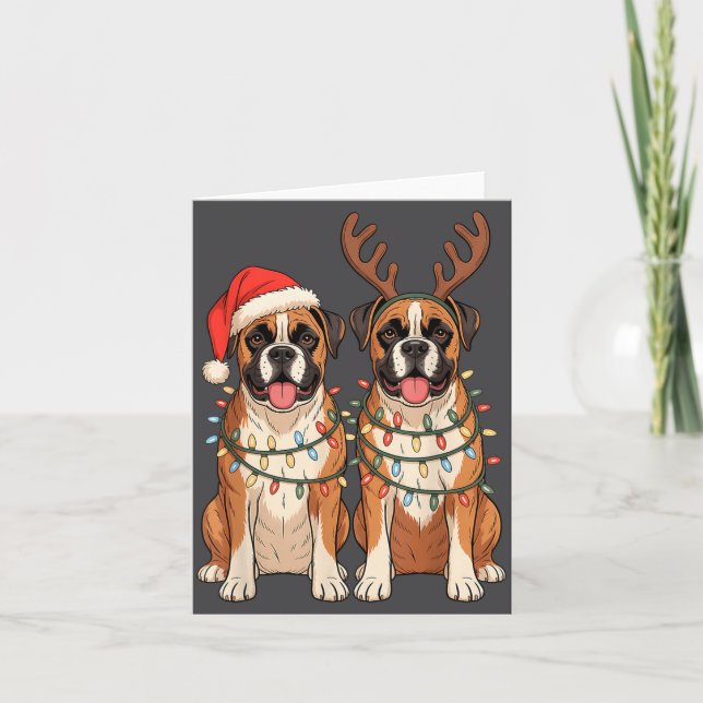 Carte Boxer Dog Christmas Santa Hat Reindeer Lights Paja (Devant)