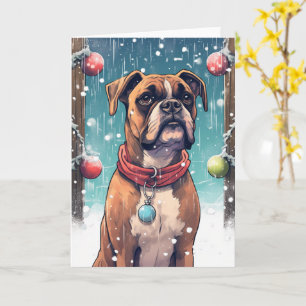 Carte Boxer Jouer avec les Baubles de Noël dans la neige
