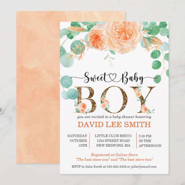 Carte Boy Botanique Baby shower turquoise et orange (Devant / Derrière)
