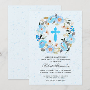 Carte Boy First Communion Aquarelle Bleu Floral Invitati