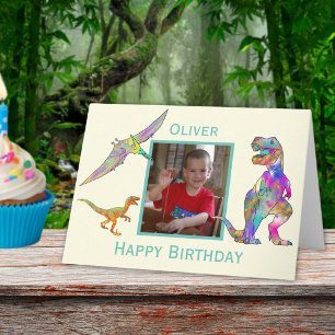 Carte Boys Anniversaire Dinosaur coloré T Rex Ajouter ph
