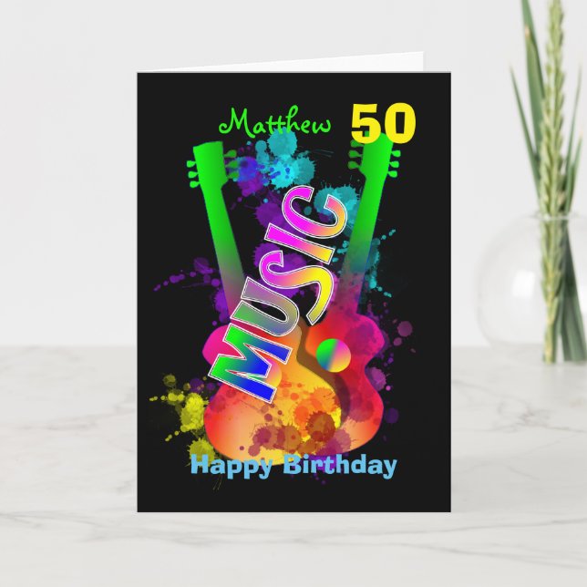 Carte Bright Popping Guitare Musique Thème Joyeux Annive (Devant)