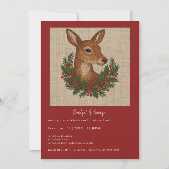 Carte Broderie rustique Deer & Holiday Greens noël (Devant)
