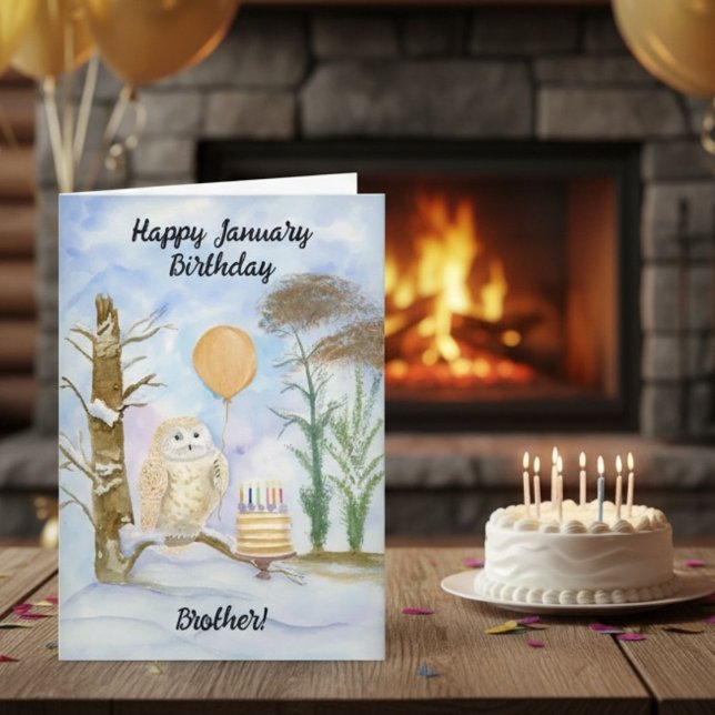 Carte Brother Happy January Birthday Owl Cake (Créateur téléchargé)