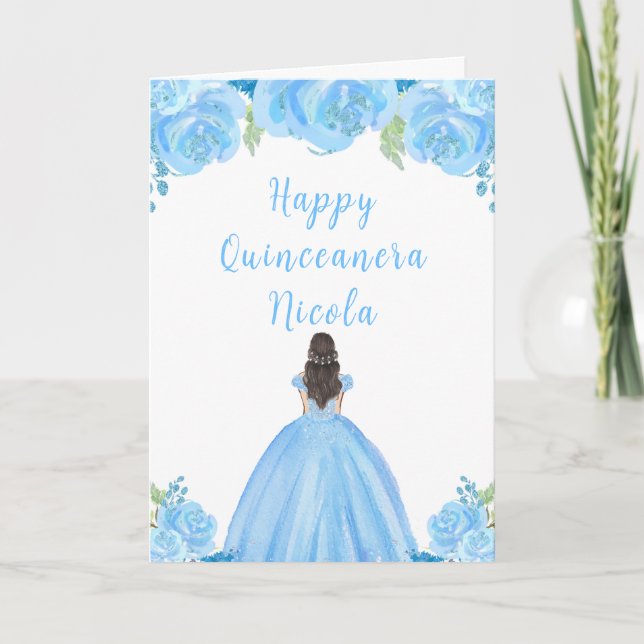 Carte Brown Cheveux Princesse Bleue Florale Quinceanera (Devant)